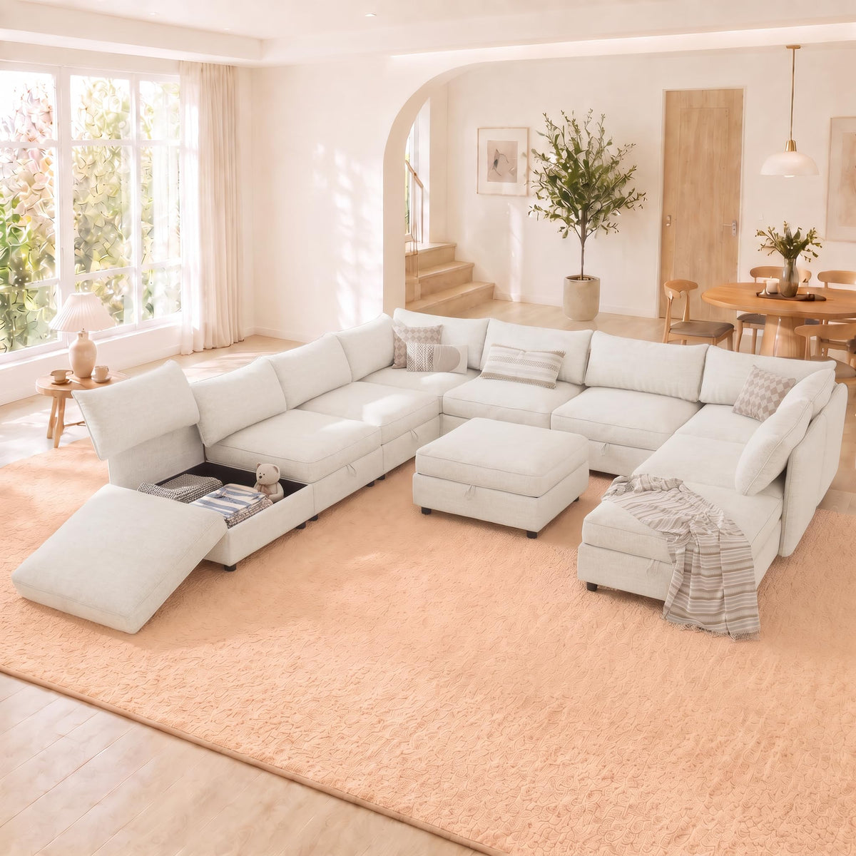 127'' Modular Sectional Sofa,FSC Certified 6 Seater Sectional Sofa,Chenille Couch with Removable Washable Covers,Modern Couch with Ottoman,U Shaped Couch with Storage,Beige Couches for Living Room