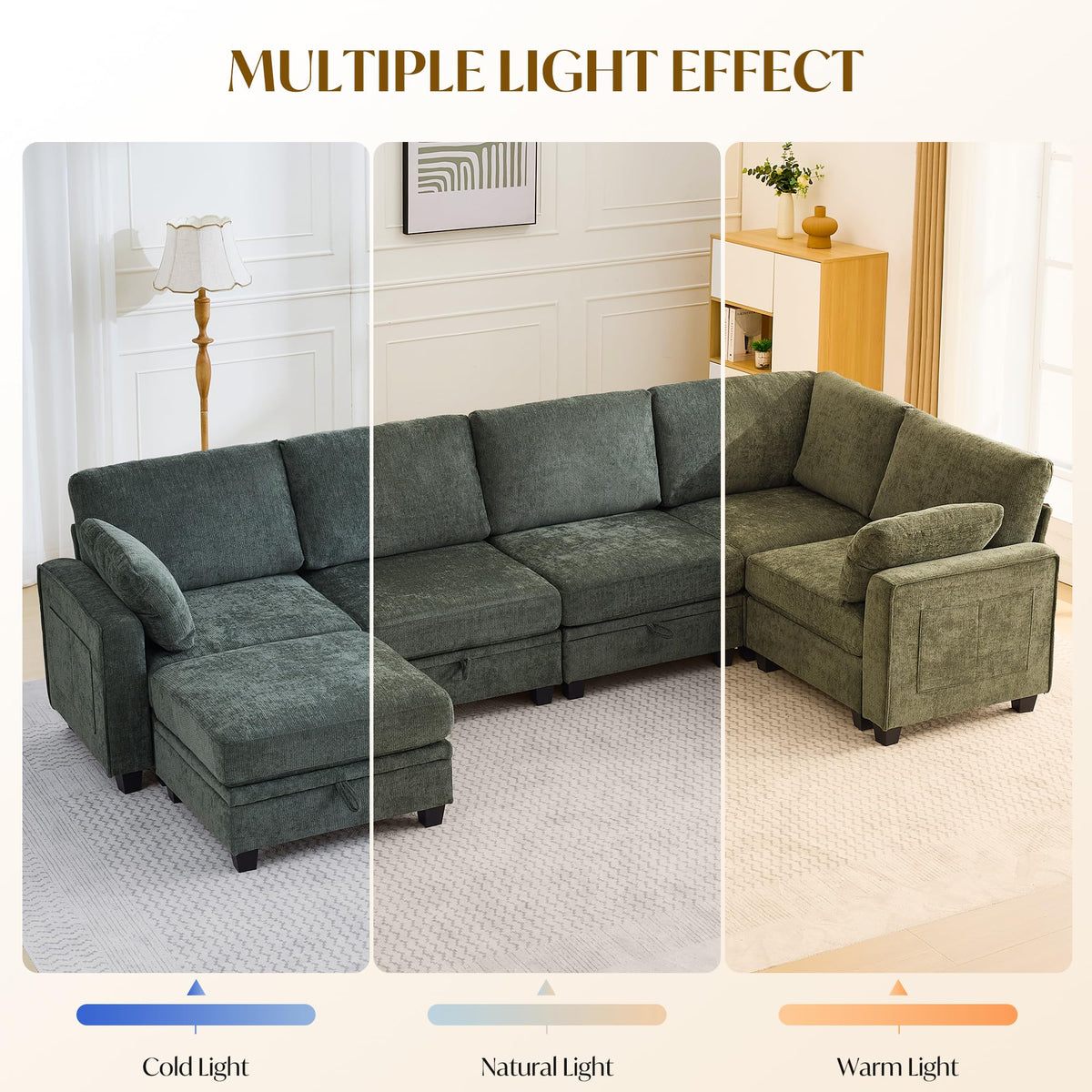 131.2" Storage Modular Sectional Sofa, Chenille Cloud Couch with Storage Ottoman, Deep Seat Sectional Couch with Removable Covers, Side Pocket, Armrest Pillow for Living Room, Green