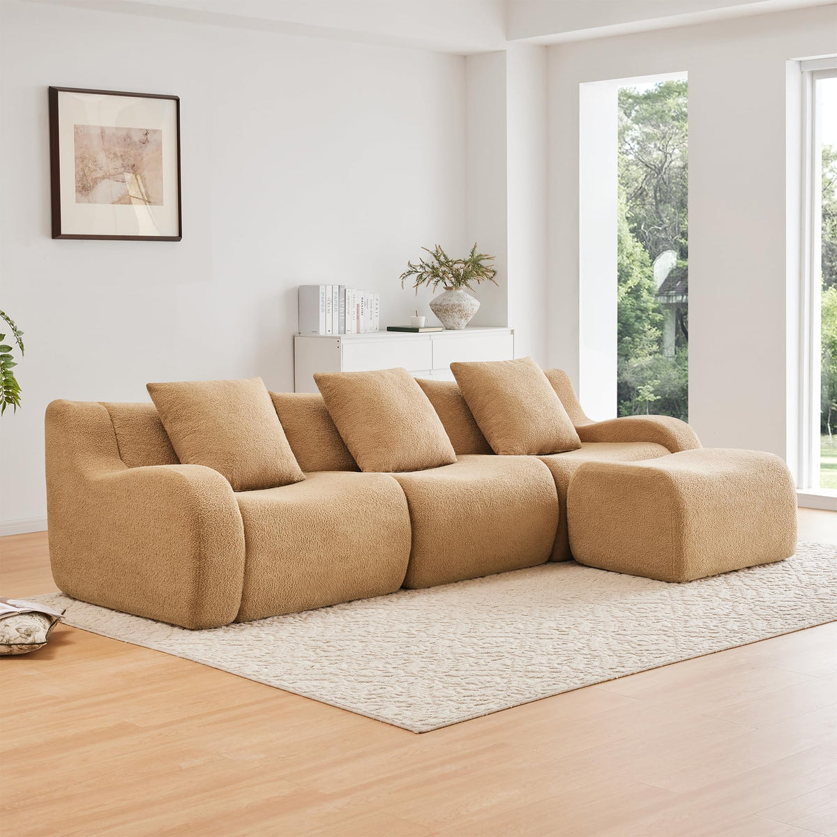Tidyard Boneless 3-Seater Sofa with Teddy Fabric, Anti-Slip Base & Curved Armrests, No Assembly Needed, 32D High-Density Sponge for Living Room or Bedroom, Camel