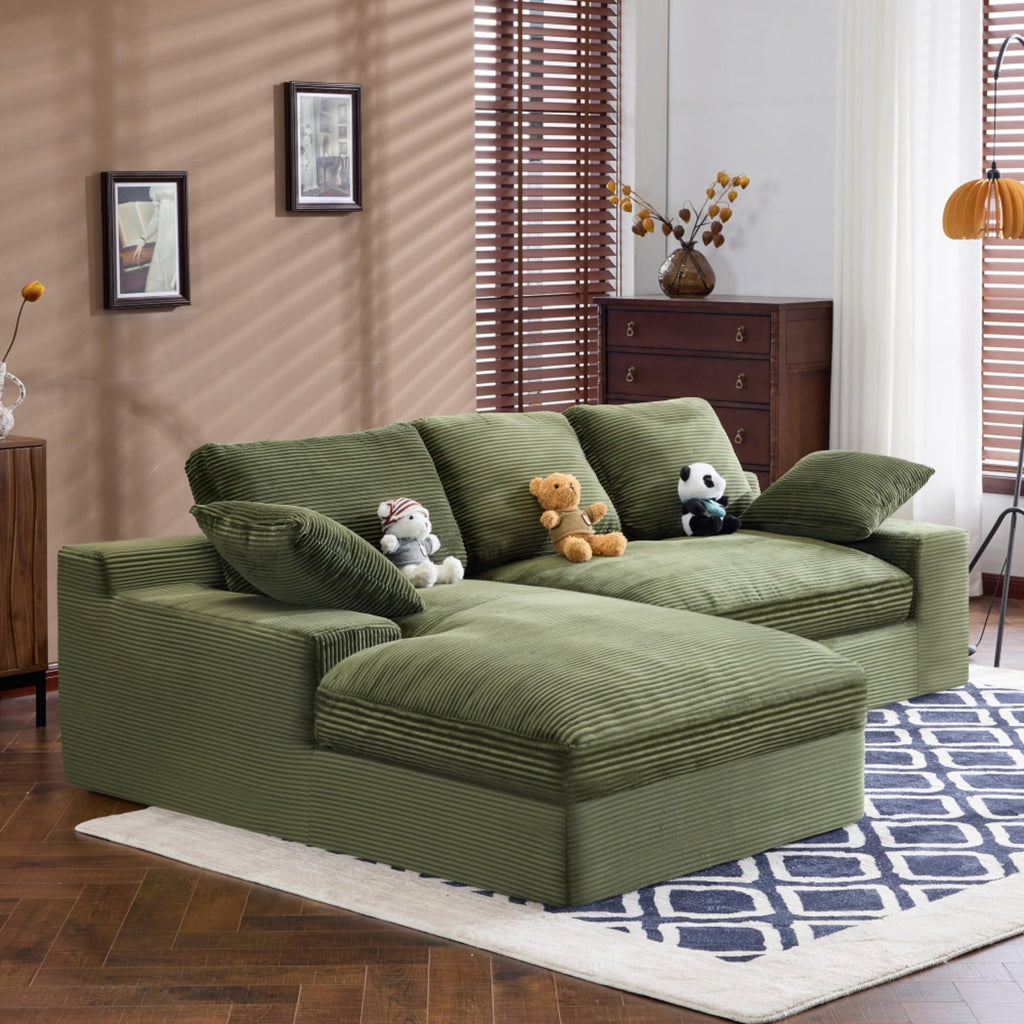 White corduroy compressed sofa. It has a soft and skin-friendly sitting feel, adding a healing atmosphere to the warm living room. It comes with 3 back cushions and 2 throw pillows. (Green)