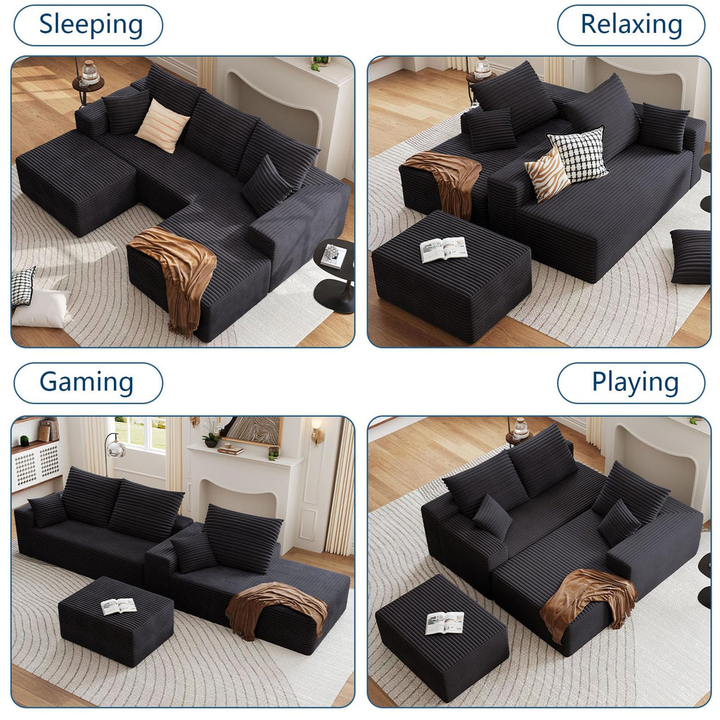 107.5" W Modular Sectional Sofa with Ottoman,Modern Corduroy U-Shaped Cloud Couch with Pillows,Comfy 3-Seater Sofa with Deep-Seat for Living Room, No Assembly Required (Black, Right-Facing Chaise)