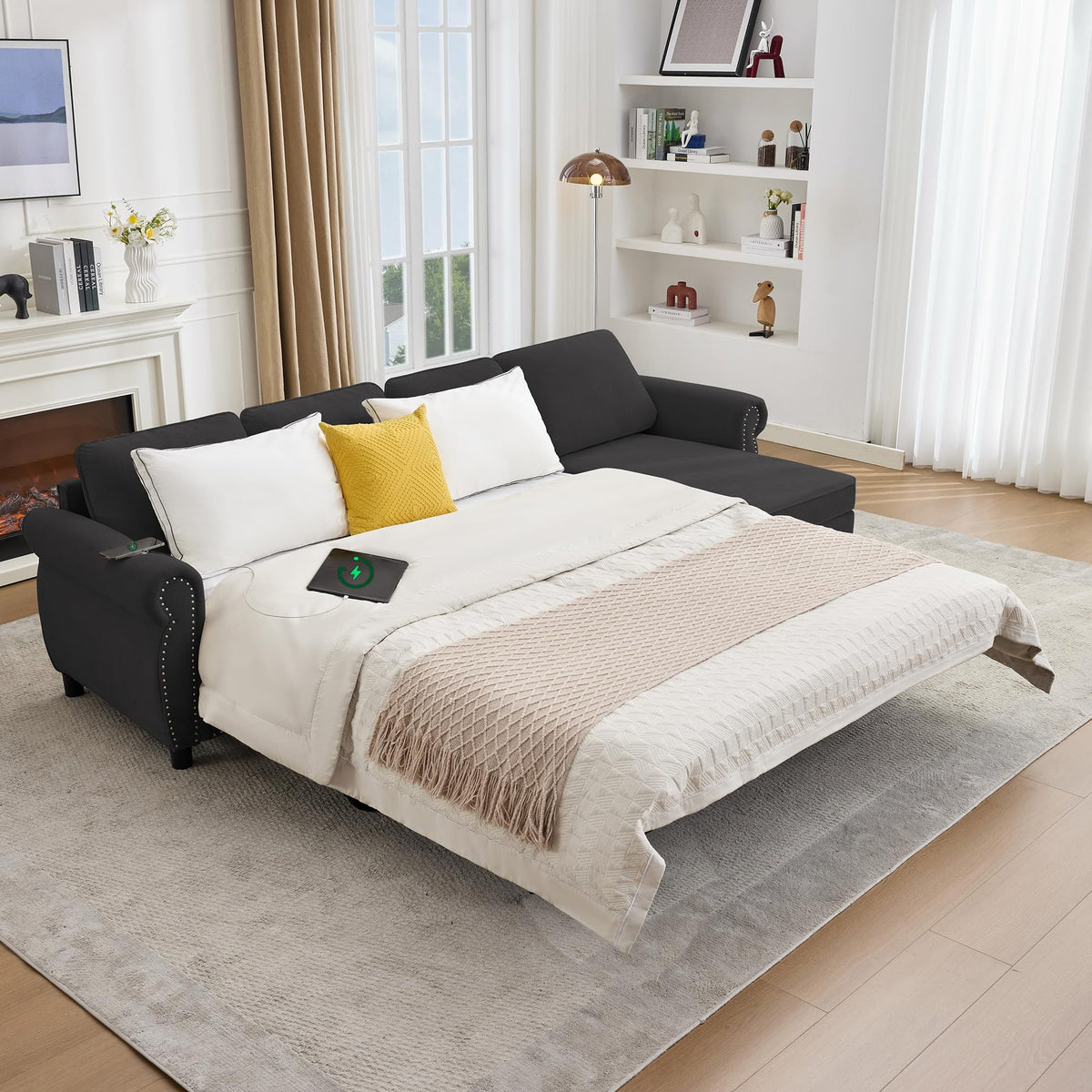 106.5" Pull Out Sofa Bed,L Shaped Modular 4 Seater Couch,2-in-1 Sleeper Sofa,Wireless Charging, USB Charging Ports,Memory Foam Mattress,Storage Space