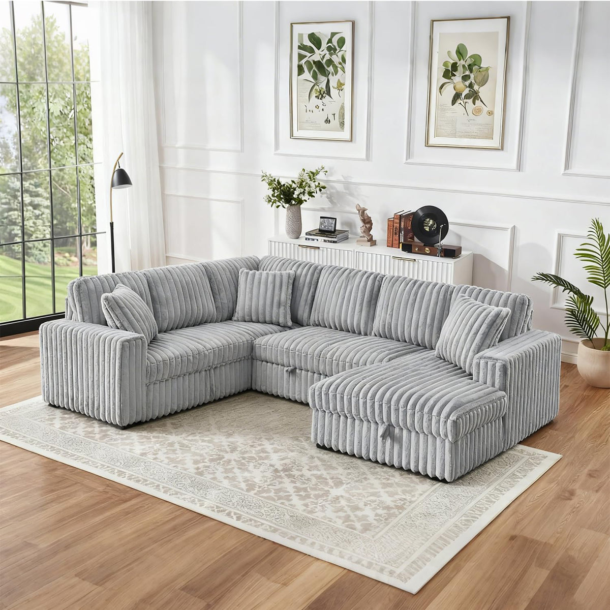 122 Inch Oversized U-Shaped Corduroy Sectional Sleeper Sofa with Pull Out Bed, Fluffy Plush Convertible Couch Bed with Storage Chaise for Living Room, Black