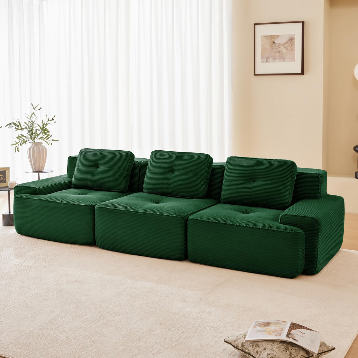 Tidyard 11? Modern Modular Sectional Sofa for Living Room, Corduroy Fabric 3-Seater Couch with Deep Seat, Tufted Design, No Assembly, Anti-Slip Base, Green