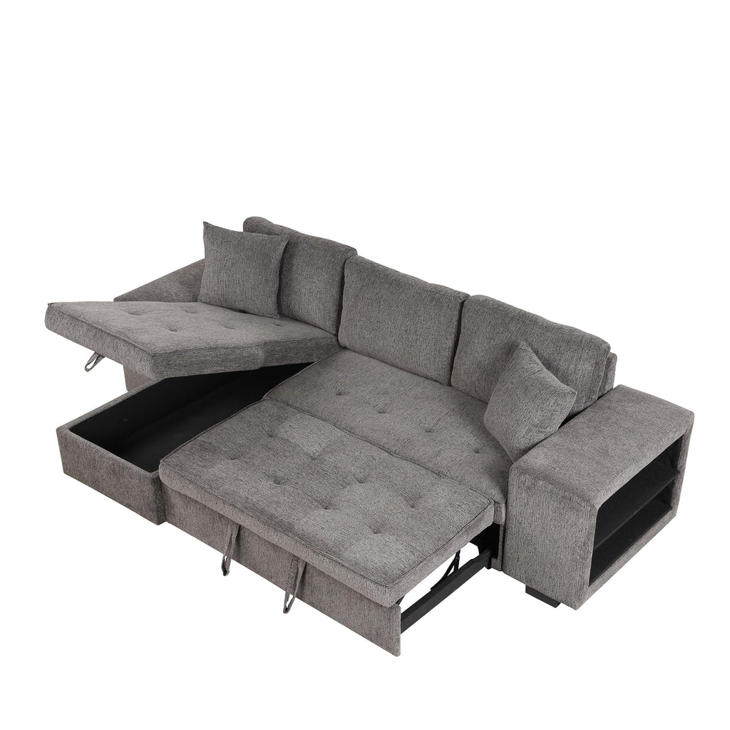 104.5 inch Reversible Sleeper Sectional Sofa with Pull Out Bed , Convertible L Shaped Sectional Couch with Storage Chaise and 2 Stools , Tufted Upholstered Pullout Sofa Bed for Living Room Apartment