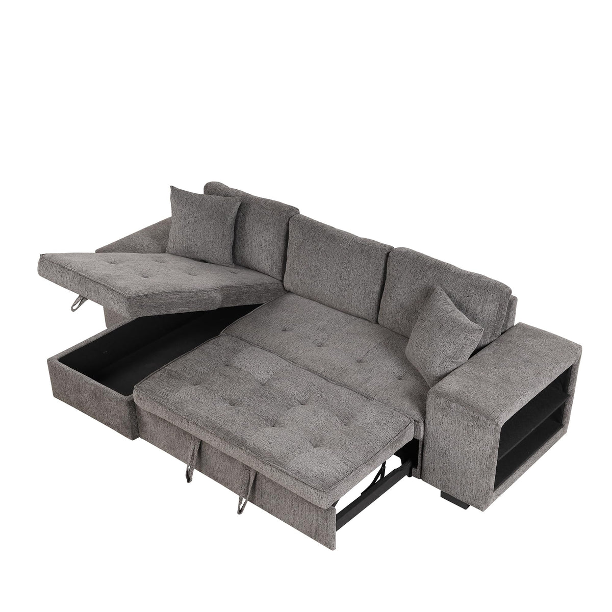 104.5 inch Reversible Sleeper Sectional Sofa with Pull Out Bed , Convertible L Shaped Sectional Couch with Storage Chaise and 2 Stools , Tufted Upholstered Pullout Sofa Bed for Living Room Apartment