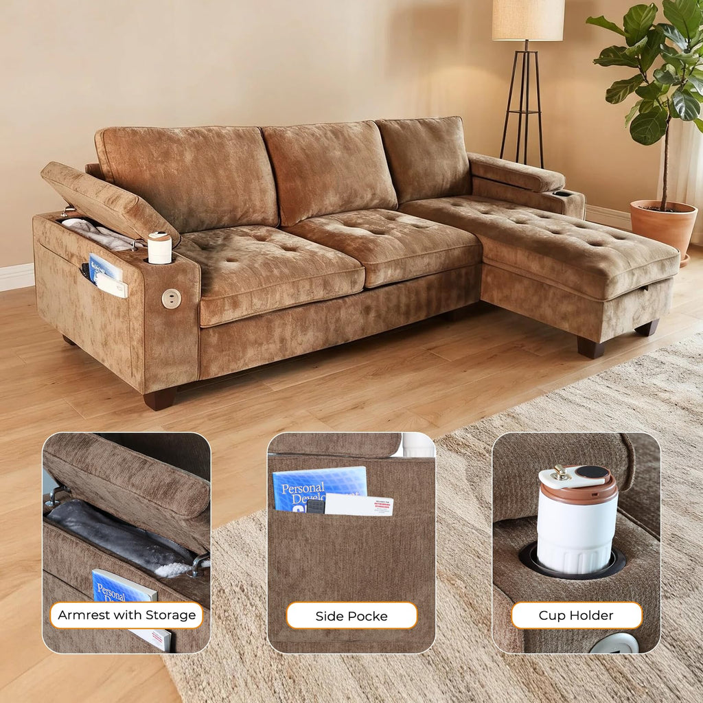 110" L Shaped Modern Couch with Storage with Adjustable Armrest Cup Holders USB & Type-C Ports Couch for Living Room and Small Spaces,Brown