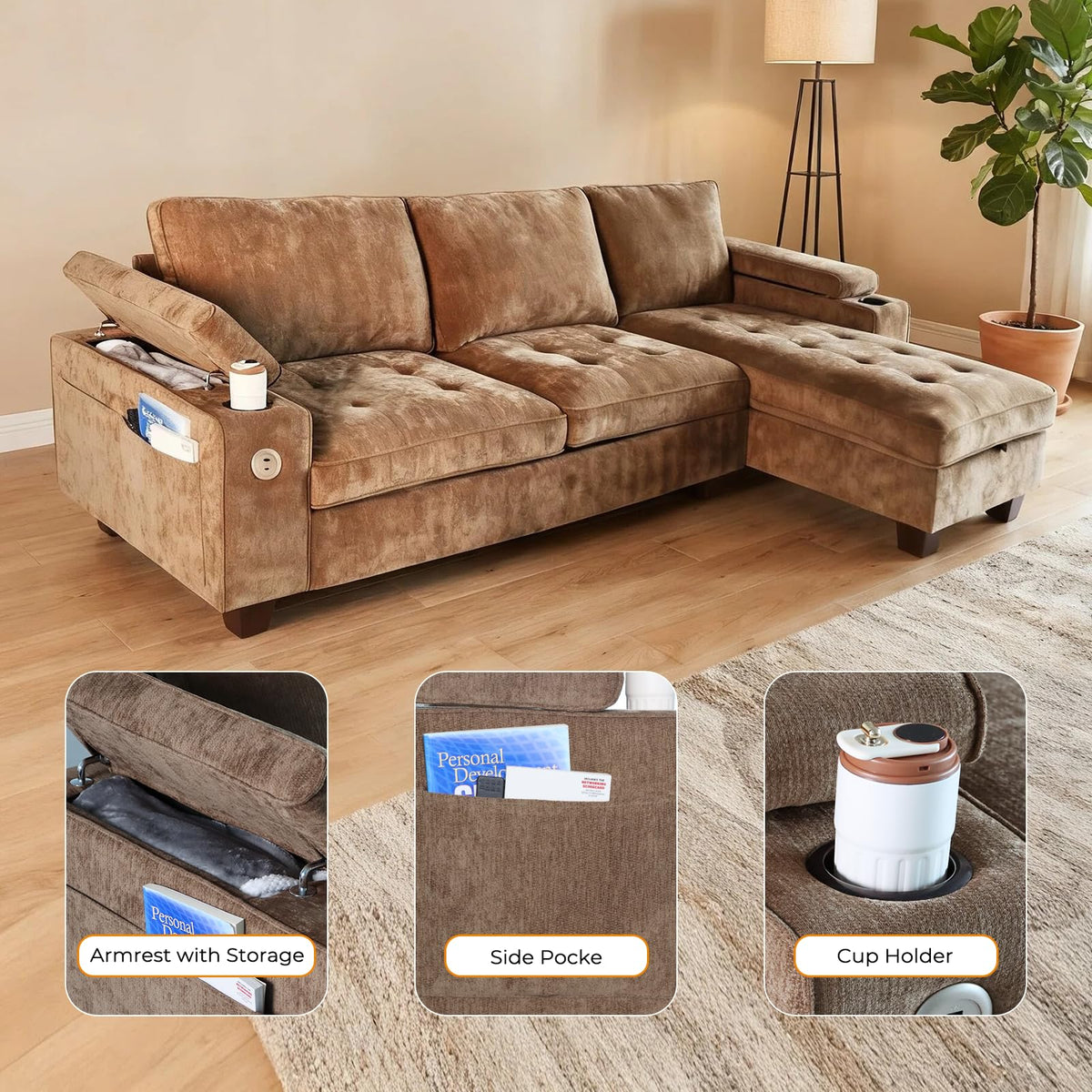 110" L Shaped Modern Couch with Storage with Adjustable Armrest Cup Holders USB & Type-C Ports Couch for Living Room and Small Spaces,Brown