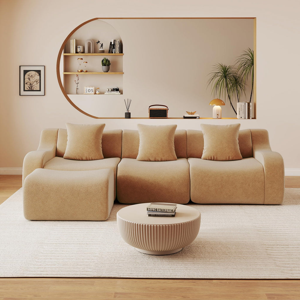 115.3" Modular Sectional Couches for Living Room, Teddy Deep Seat Sofa, 3 Seater Boneless Couch with 2 Ottoman,Orange