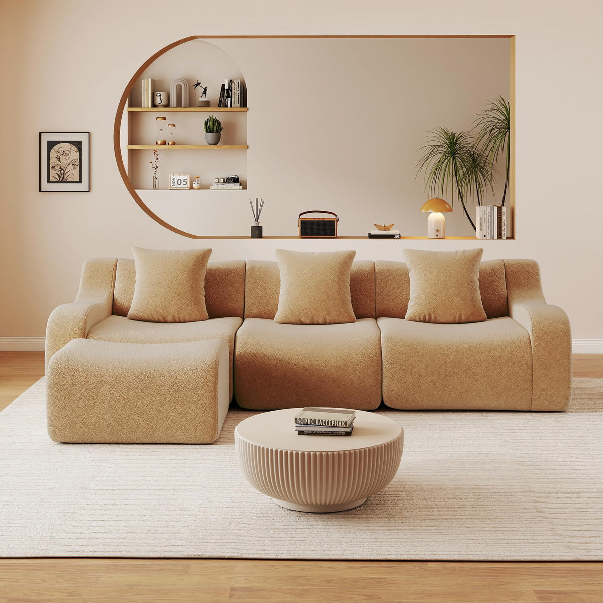 115.3" Modular Sectional Couches for Living Room, Teddy Deep Seat Sofa, 3 Seater Boneless Couch with 2 Ottoman,Orange