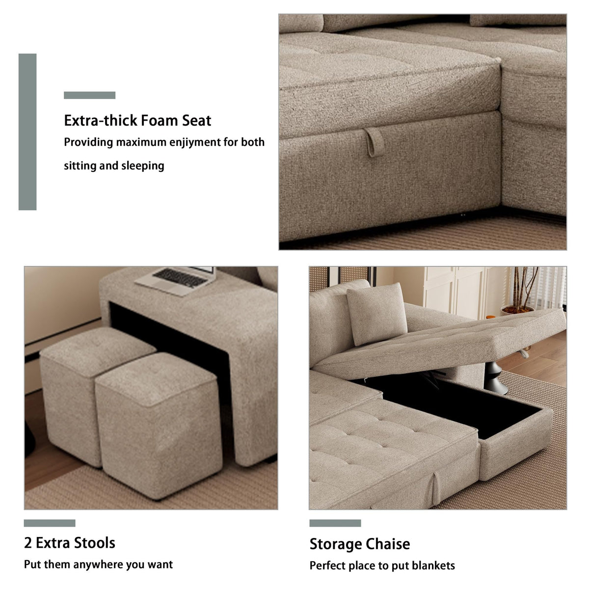 104.5" Sleeper Sectional Sofa Bed, L-Shaped Pull Out Couch