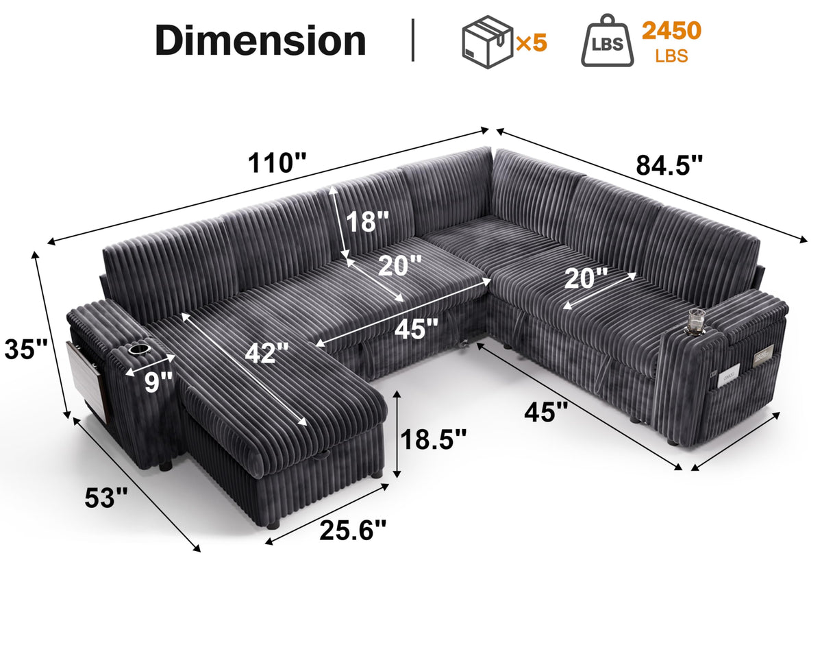 Vipbear 111" Modular Sectional Sleeper Sofa with Pull Out Bed, 7 Seat Plush Corduroy L Shaped Couch with Storage Chaise|USB Ports|Cup Holders|Side Table|Storage Armrests, Tool Free Assembly, Mid Gray