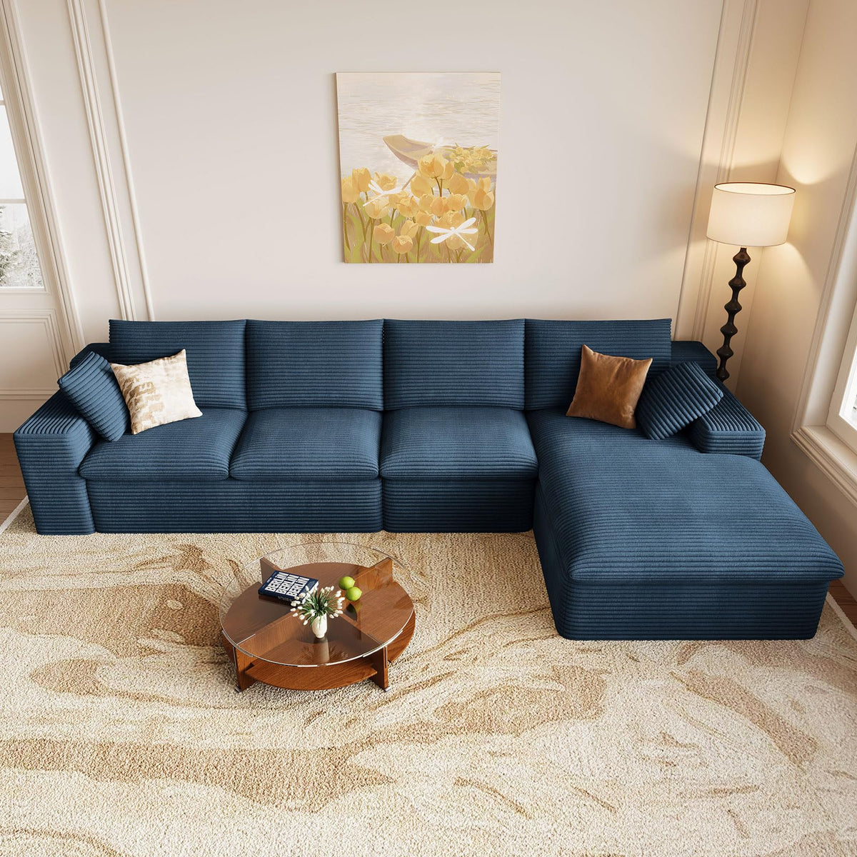 107" Cloud Couch Modular Sectional Couchs with Chaise Lounge, U-Shape Boneless Couches with Ottoman for Living Room, Corduroy Sofa with Deep Seat, No Assembly Required (Green, Left Facing Chaise)