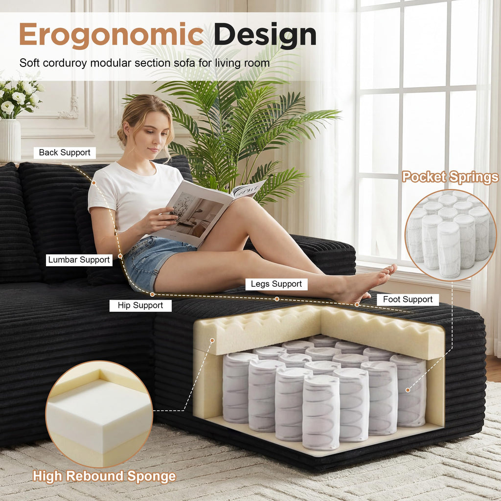 127” U-Shaped Cloud Sectional Couch for Living Room, Modern Boneless Corduroy Sofa with Chaise ‌and Console, Include 2 Cup Holders, Storage Space and USB Ports, No Assembly Required, Black