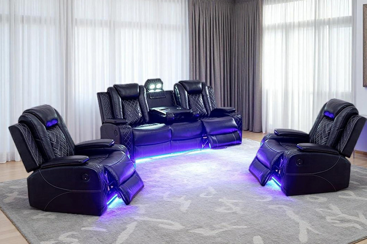 Power Recliner Sofa Set with LED Light, Black Leather Sectional Sofa and Chair Set, Living Room Furniture Sets, Modern Power Reclining Sets with Storage Console for House