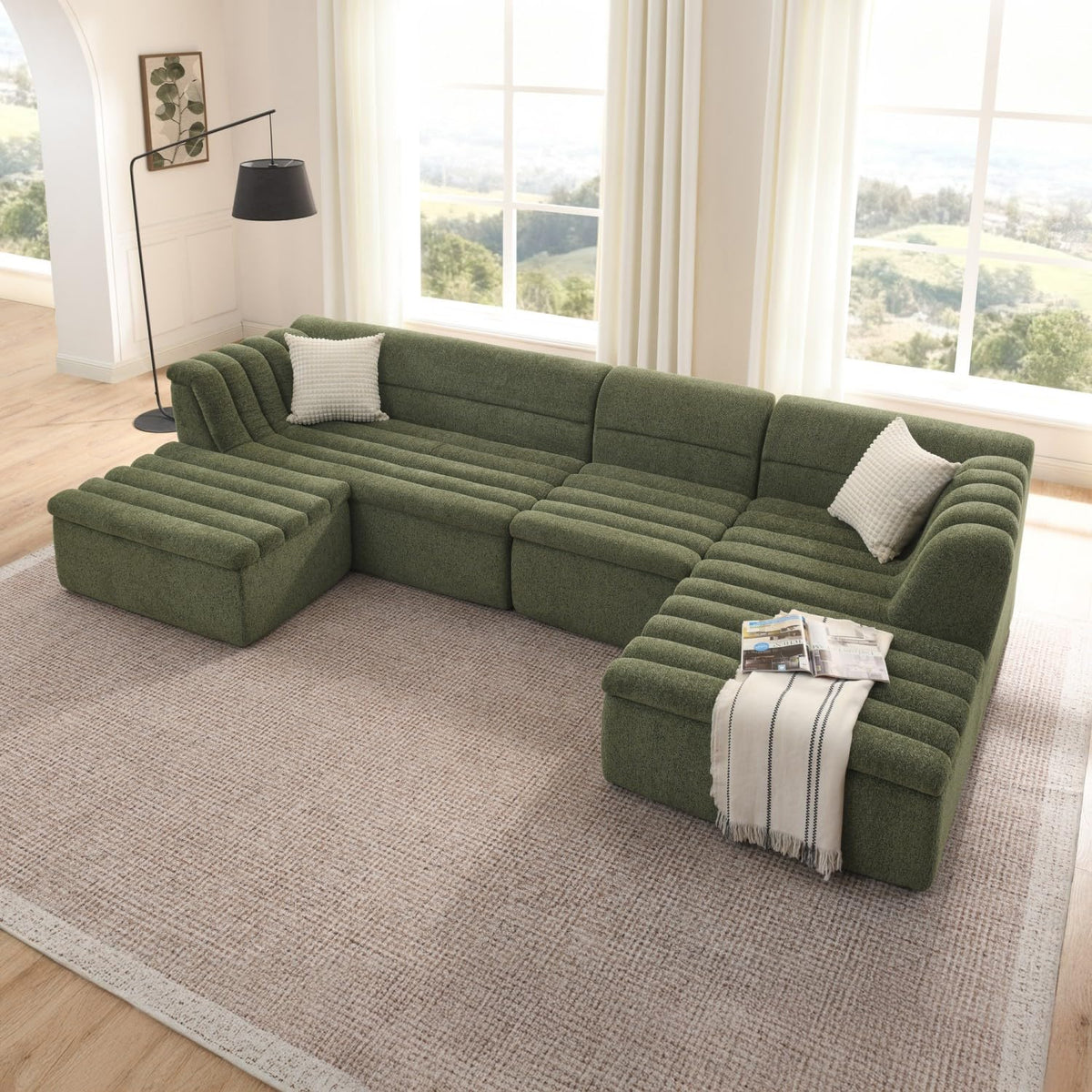 XIAO WEI 106" Modular Sectional Sofa with Chaise, Sage Green Chenille Fabric L-Shaped Couch with Wave-Shaped Armrests, Modern Minimalist Boneless Floor Sofa for Living Room, Apartment & Playrooms