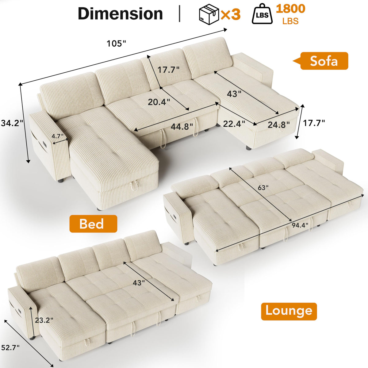 WEUP 105" Sectional Sofa with Pull Out Bed, U Shaped 4 Seat Sleeper Sofa with 2 Storages, Adjustable Backrest, USB Ports, Tool-Free Assembly, Plush Corduroy Sectional Couches for Living Room, Beige