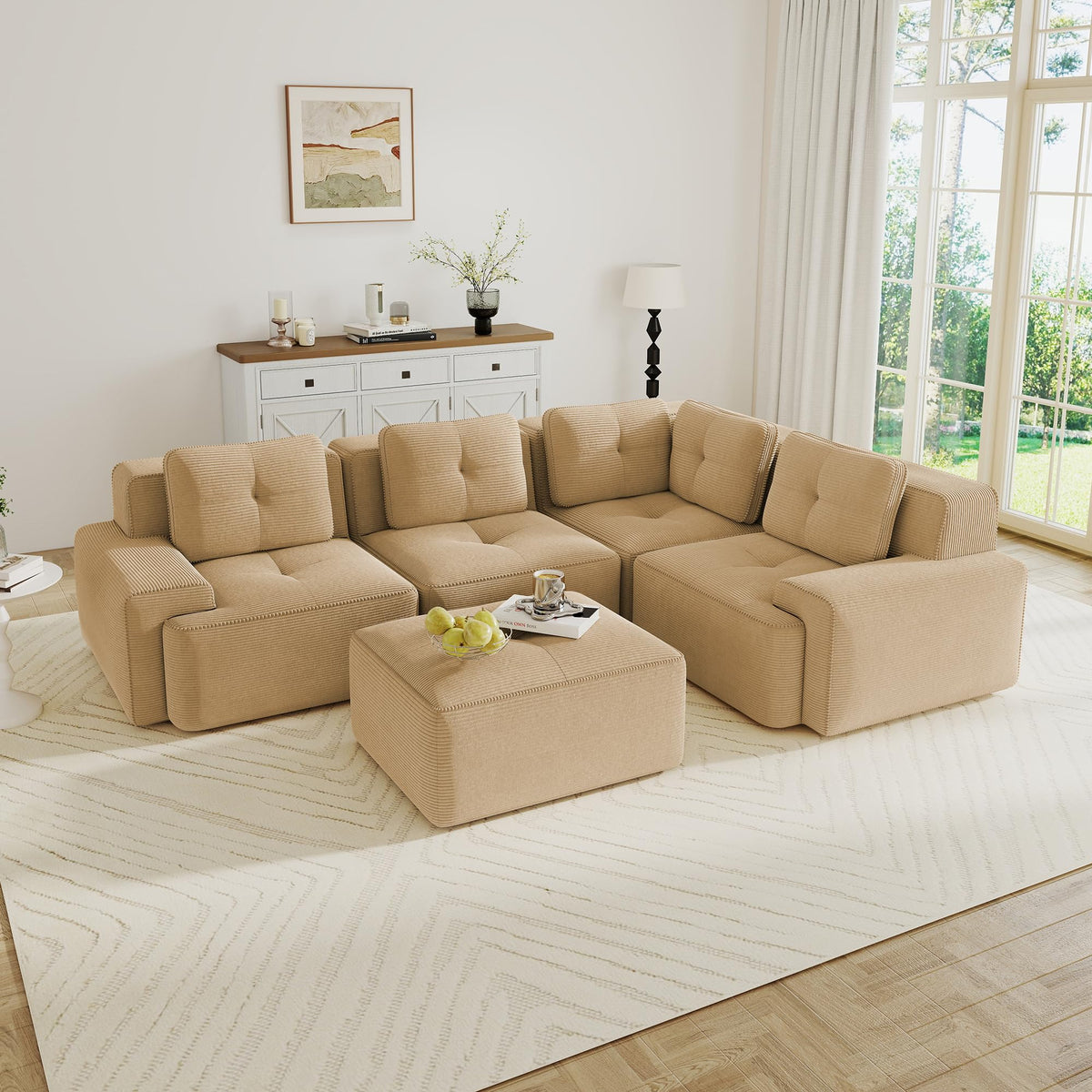 115.3” Camel Boneless Couches for Living Room, Modular Sectional Sofa with L-Shape Chaise, 3 Seater Comfy Upholstered Deep Seat Corduroy Fabric Cloud Couch No Assembly, Anti-Slip Design