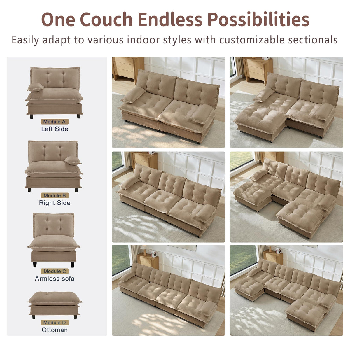 U Shaped Modular Sectional Sofa - 108" Chenille Cloud Deep Seat Couch with Ottoman, 5-Seat Comfy Lattice Decored Seat Cushion for Living Room, Apartment,Light Coffee