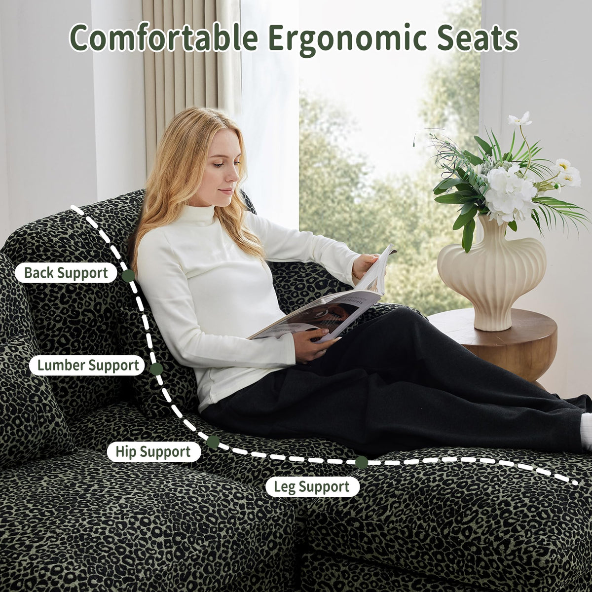 100'' Modular Sectional Couch, Cloud Deep Seat Sofa, Chenille Leopard Print Couch with Tassel for Living Room (U-Shaped, Green)