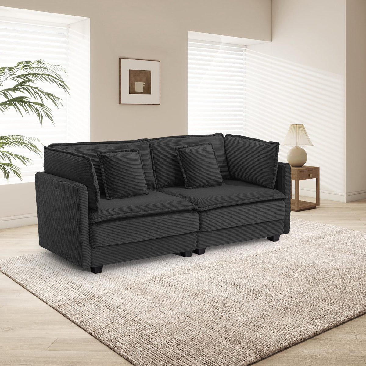 113" Modular L-Shaped Sectional Sofa with Movable Ottoman, 4-Seat Corduroy Modern Cloud Couch with Deep Seat and Pillows, Sofa Set for Living Room, Apartment and Bedroom, Black