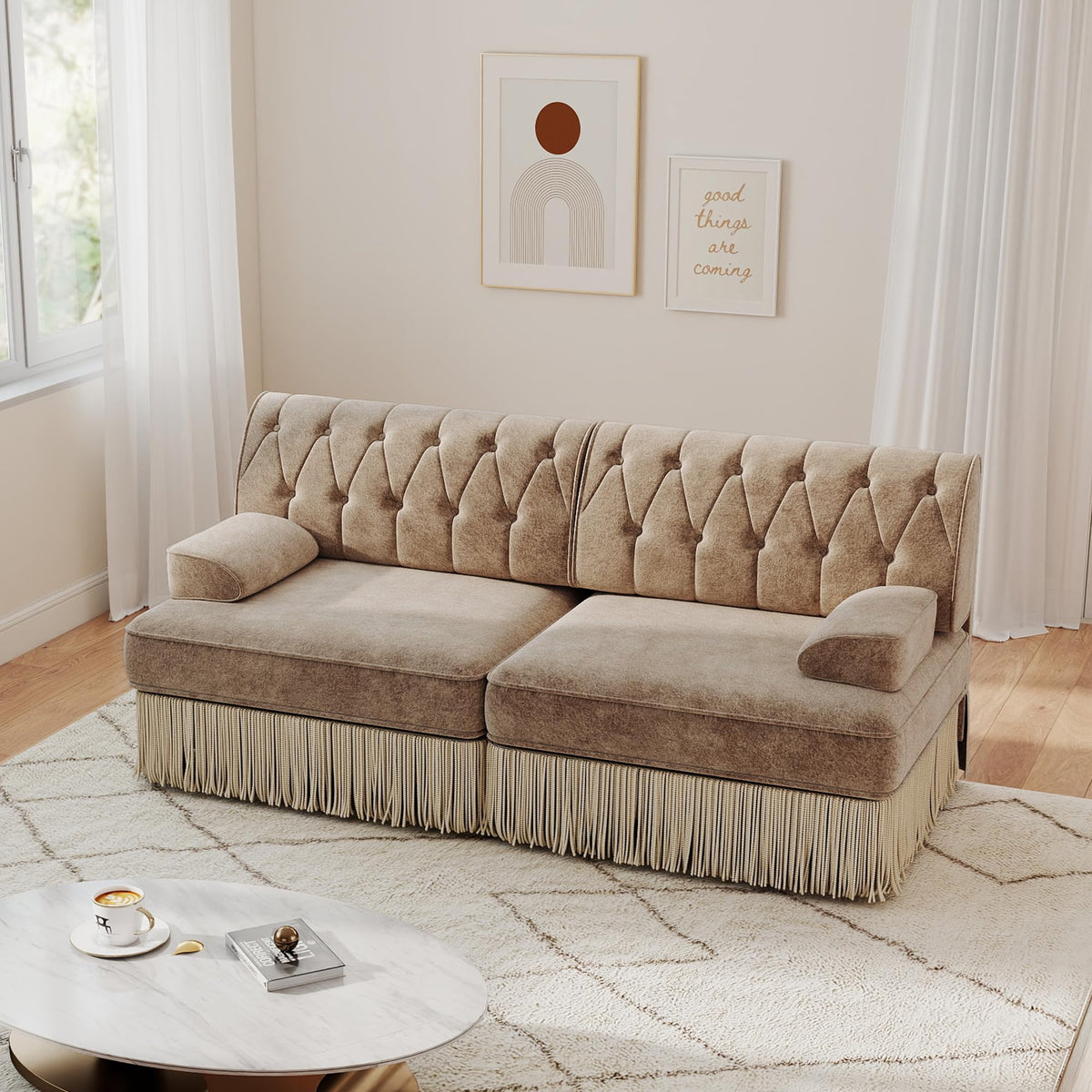 Unique Chesterfield Style Modular Sectional Sofa, 135.6” L-shaped Boneless Sofa with Velvet Fabric, Floor-grazing Tassel Fringe Skirt and Button Tufted Design for Living Room, Easy to Assemble, Beige