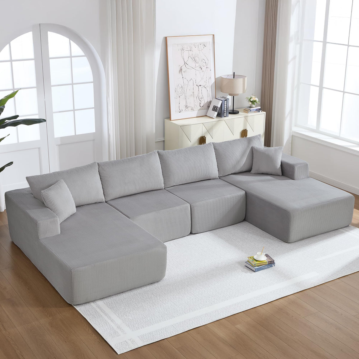 U-Shape Sectional Couch for Living Room,4 Seater Boneless Sofa Couch for Living Room Bedroom Apartments,146" Modular Sectional Corduroy Couch with Deep Seat,No Assembly Green