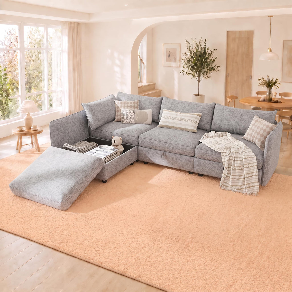127'' Modular Sectional Sofa,FSC Certified 6 Seater Sectional Sofa,Chenille Couch with Removable Washable Covers,Modern Couch with Ottoman,U Shaped Couch with Storage,Beige Couches for Living Room