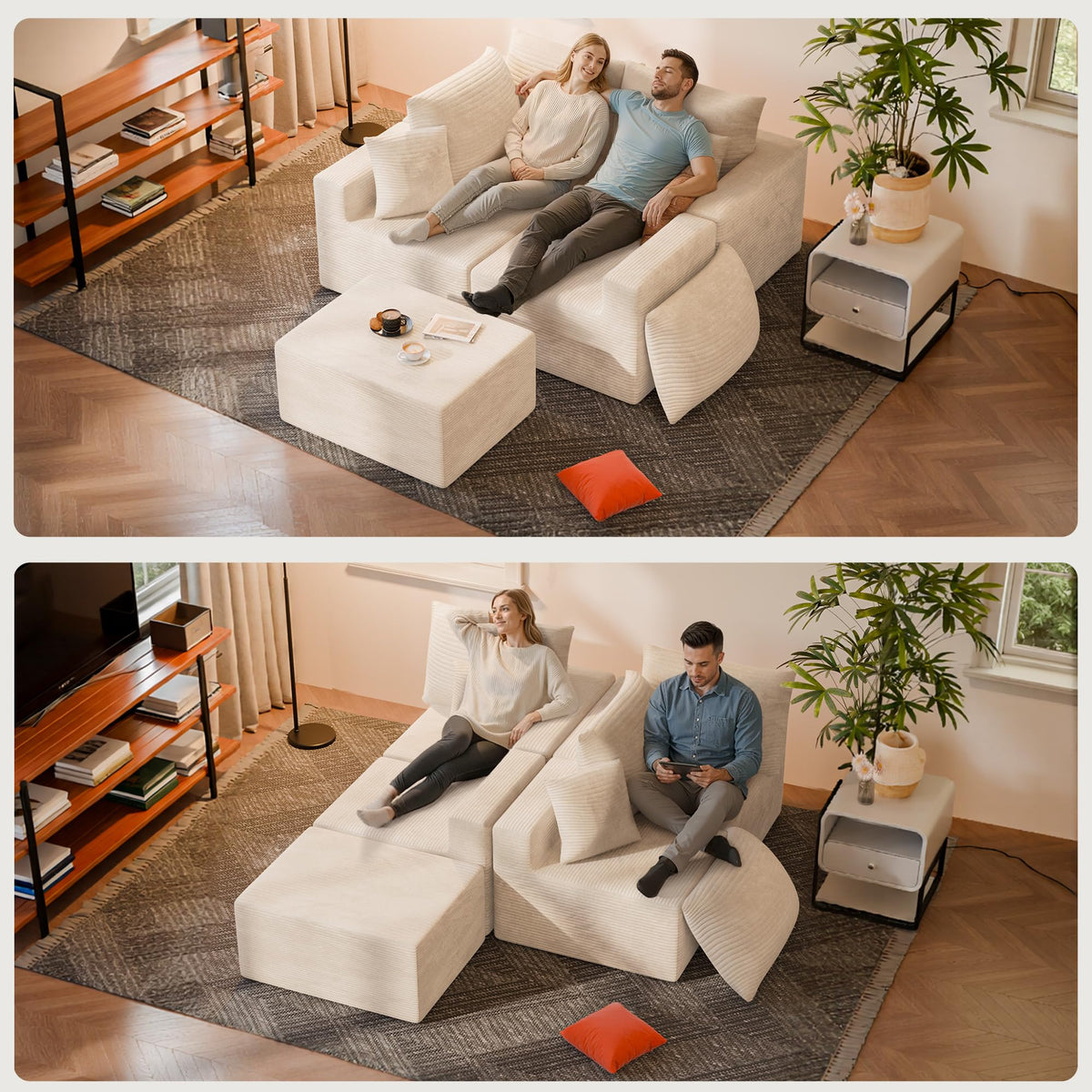 YESHOMY 130" Boneless Couches for Living Room, Modular L-Shaped Sectional Sofa with Comfy Seats and Ottoman, Modern Cloud Couch with Oversized Chaise, No Assembly Required, Cream