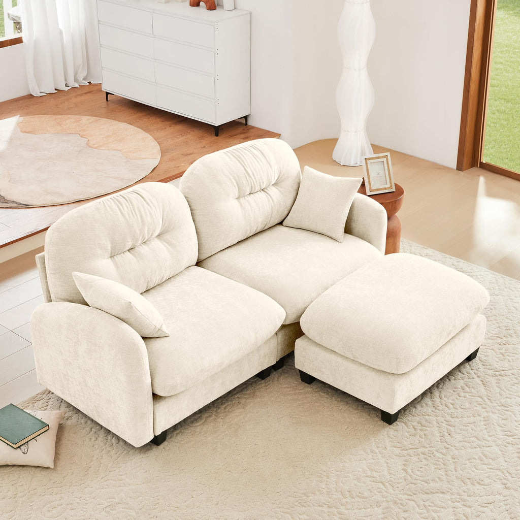 Tidyard Cloud Sectional L-Shaped Couch with Ottoman, Soft Chenille Fabric, Tufted Backrest, High-Density Foam, for Living Room Bedroom Reading Nook, Beige