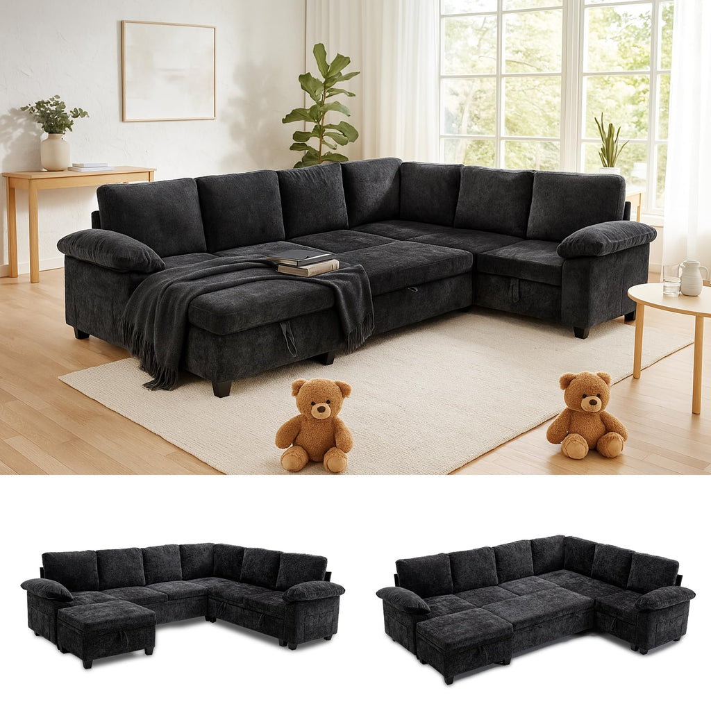 109" Modular Sectional L Shaped Sofa with Pull Out Bed, Sectional Sleeper 7 Seat Couch with Storage, Modern Chenille Convertible Sofa Bed, Sectional Couches for Living Room, Black