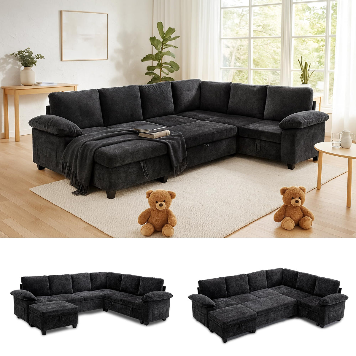 109" Modular Sectional L Shaped Sofa with Pull Out Bed, Sectional Sleeper 7 Seat Couch with Storage, Modern Chenille Convertible Sofa Bed, Sectional Couches for Living Room, Black