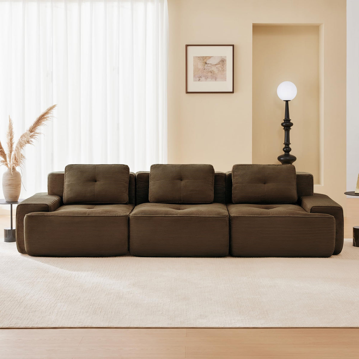 115.3” Camel Boneless Couches for Living Room, Modular Sectional Sofa with L-Shape Chaise, 3 Seater Comfy Upholstered Deep Seat Corduroy Fabric Cloud Couch No Assembly, Anti-Slip Design