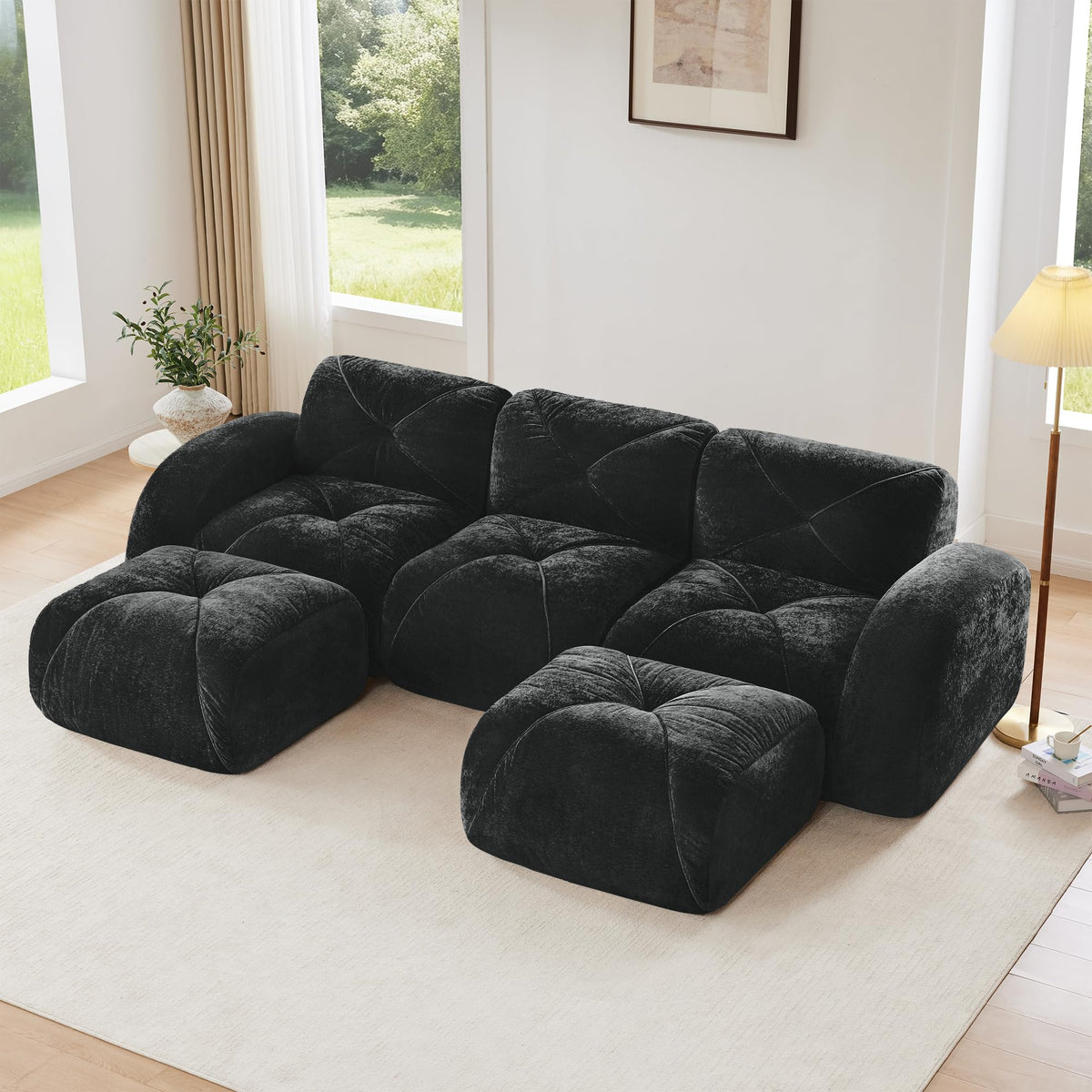 U-Shaped Boneless Sofa, Tufted 32d High Density Sponge Bottom, Anti-Slip Design, No Assembly Required, Free Combination, Movable Ottomans for Living Rooms, Home Theater, Blue