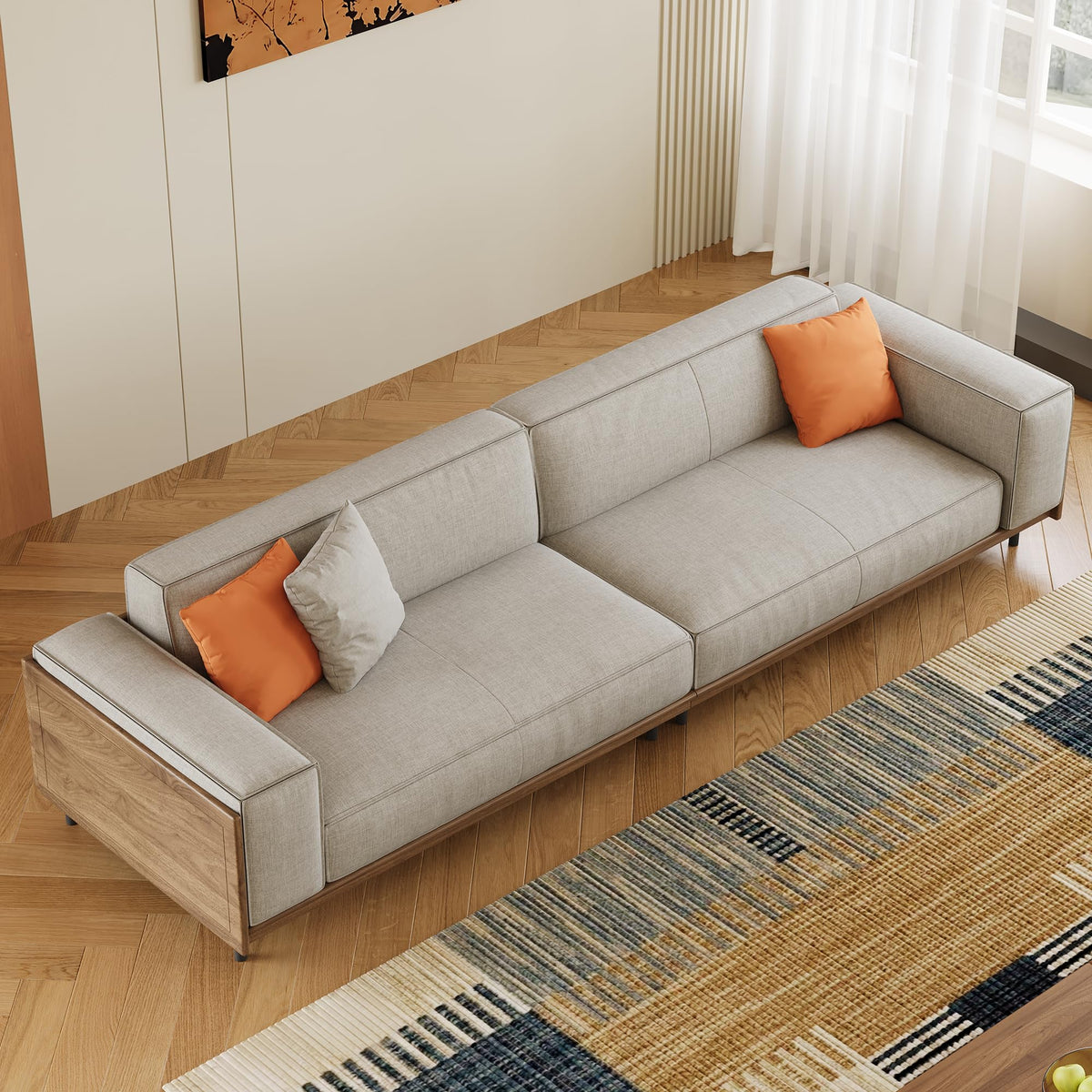 110.24" Mid-Century Modern 4-Seater Sofa, Large Couch with Solid Wood Frame & High-Density Cushions, Upholstered Living Room Sofa for Apartment & Office, Gray