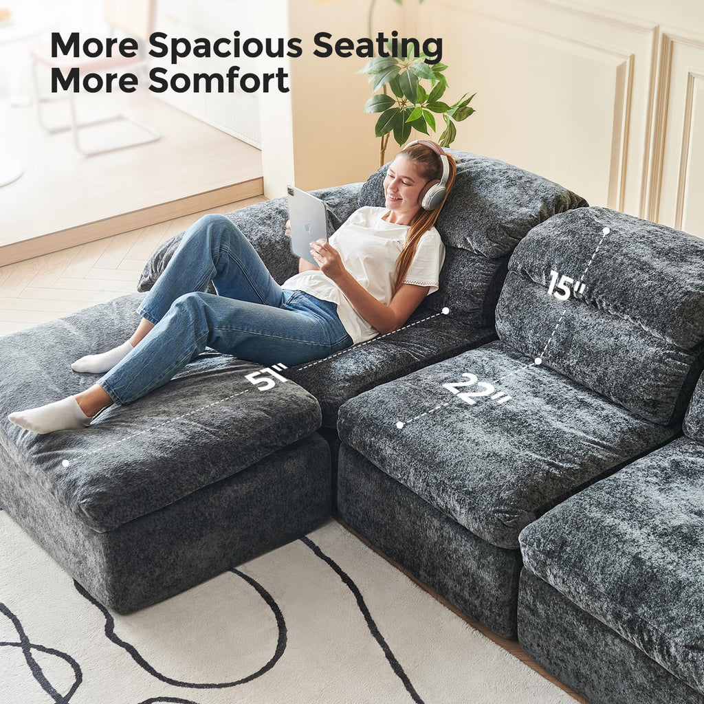 115.7" L Shaped Modular Sectional Sofa with Ottoman, Cloud Boneless Couch, Upholstered Sofa in a Box, Flexible Module Combination for Living Room, No Assembly, Grey