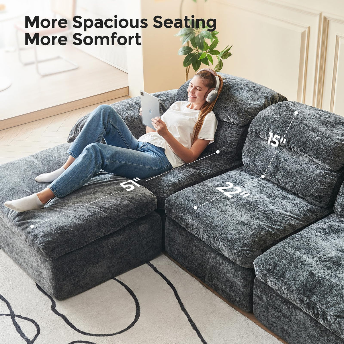 115.7" L Shaped Modular Sectional Sofa with Ottoman, Cloud Boneless Couch, Upholstered Sofa in a Box, Flexible Module Combination for Living Room, No Assembly, Grey