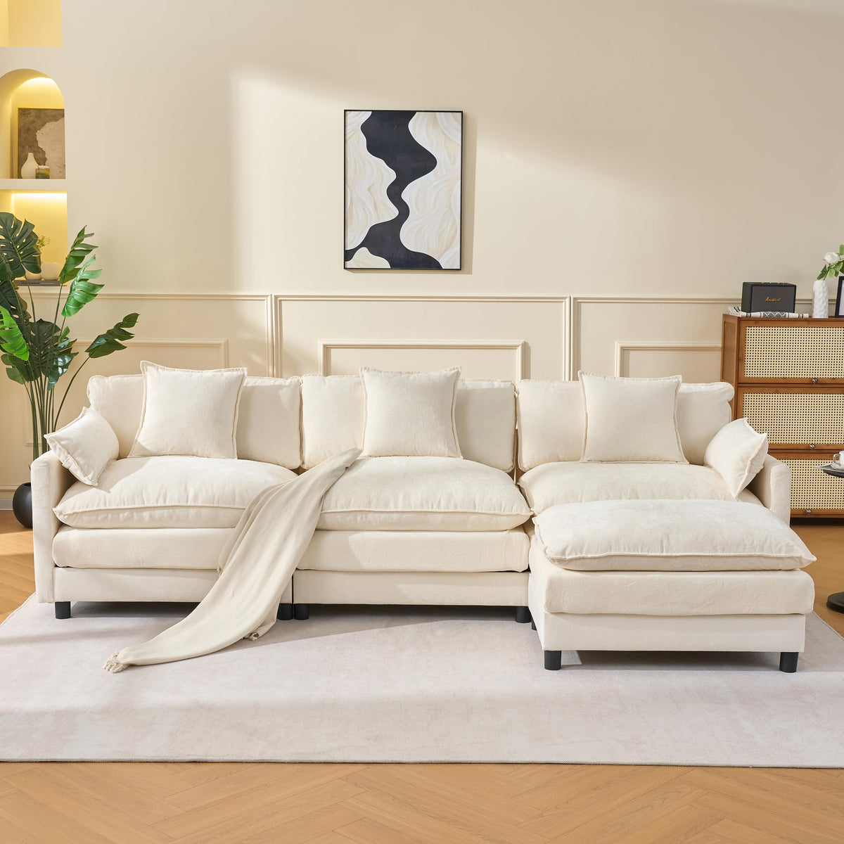 108" Modular Sectional Sofa, Comfy Cloud Couch with Ottoman, 3 Seater Couch with Pillow, Deep Seat Sectional Couches for Living Room, Bedroom and Apartment, Beige