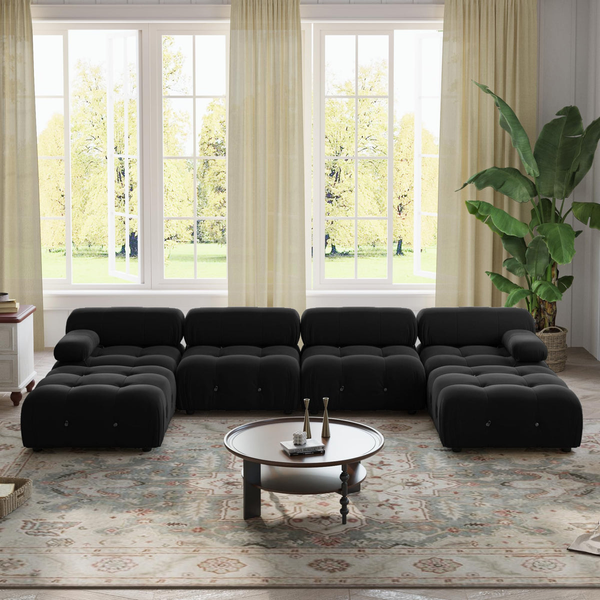 WJShome Modular Sectional Sofa,Velvet U Shaped Couch with Reversible Chaises,138.60 inch Minimalist Couch,4 Seater Free Combination Sofa with 2 Ottoman,Black