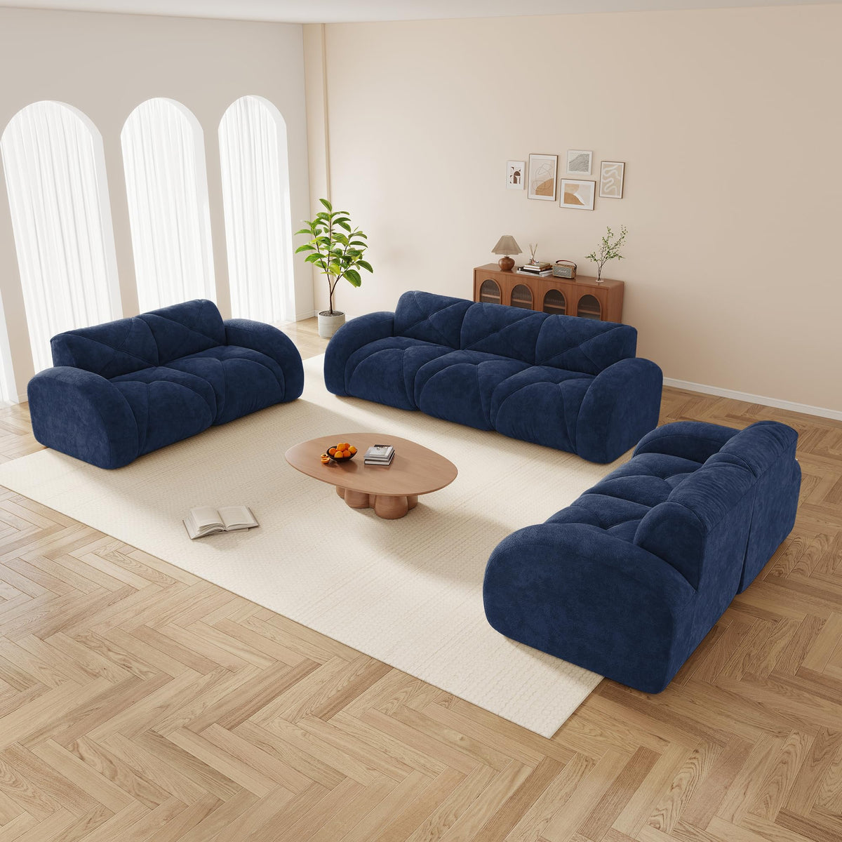 110.6" U Shaped Boneless Couch with Ottoman, Convertible Modular Sectional Cloud Sofa, Deep Seat 5 Seater Velvet Couch, 32D High Density Foam Sofas for Living Room, No Assembly Required, Camel