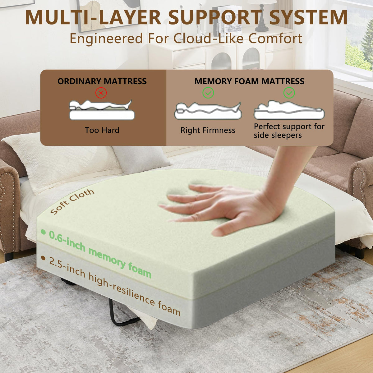 104'' Pull Out Couch, Convertible Sleeper Sofa Bed Queen, Upholstered Sectional Sofa with Mattress, 6-Seater L-Shaped Couch, Modern Sectional Couches for Living Room, Apartment, Studio,Brown