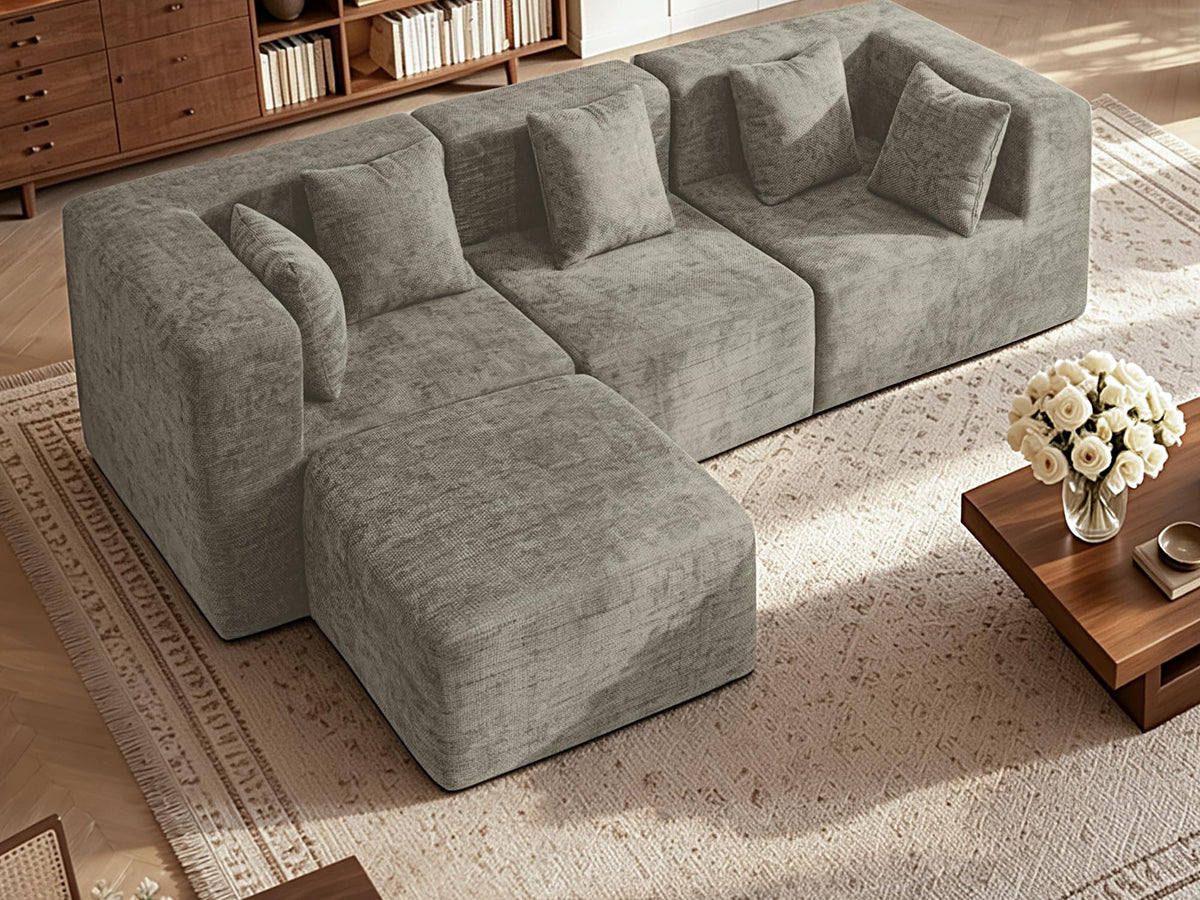 103" Three-Layer Sponge Boneless Couch sectional for Living Room Modular sectional Sofa High-Back 4-Seater L-Shape Couch with Ottoman Memory Foam Waterproof Chenille Black