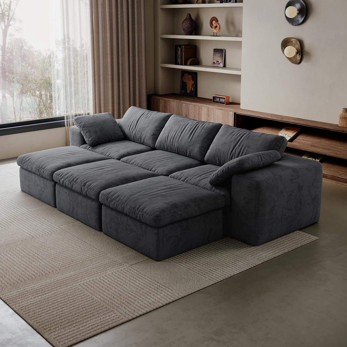 118'' Modular Cloud Couch, 3-Seater Boneless Sectional Sofa with 2 Ottoman