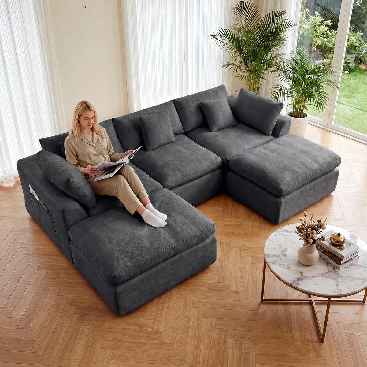 111" Boneless Sectional Couches for Living Room, 5 Seater Deep Seated U Shaped Cloud Couch with Ottomans, Chenille Compressed Modular Cloud Sofa Couch in a Box, No Assembly Required, Grey