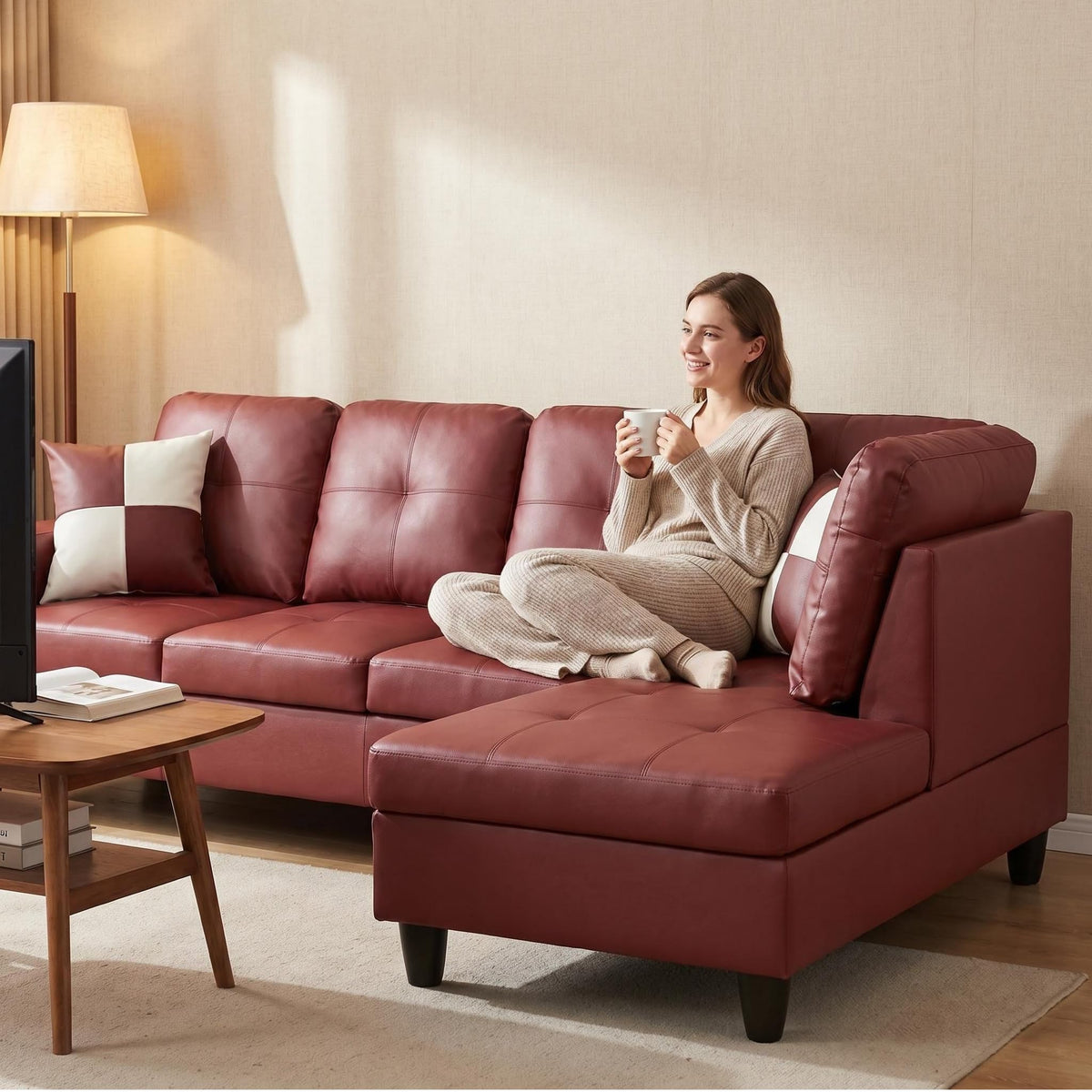 103.5" Sectional Couch with Movable Ottoman, L Shaped 4 Seater PU Faux Leather Sofa w/Chaise Lounge, Comfy Modern Modular Couch for Living Room, Apartment, White Stripes, Right, 3PCS