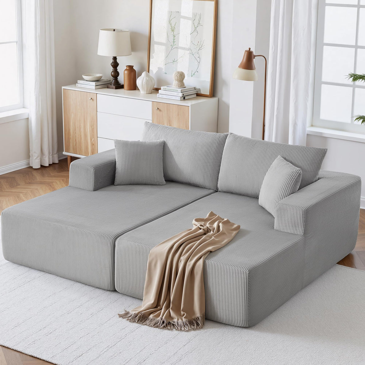 U-Shape Sectional Couch for Living Room,4 Seater Boneless Sofa Couch for Living Room Bedroom Apartments,146" Modular Sectional Corduroy Couch with Deep Seat,No Assembly Green