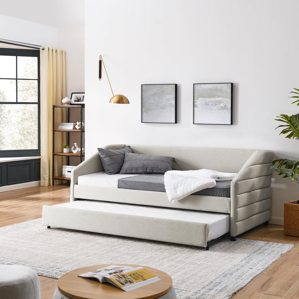 Twin Size Daybed with Trundle Upholstered Tufted Sofa Bed, Linen Fabric, Beige (82.5"x42.5"x34") YJ802