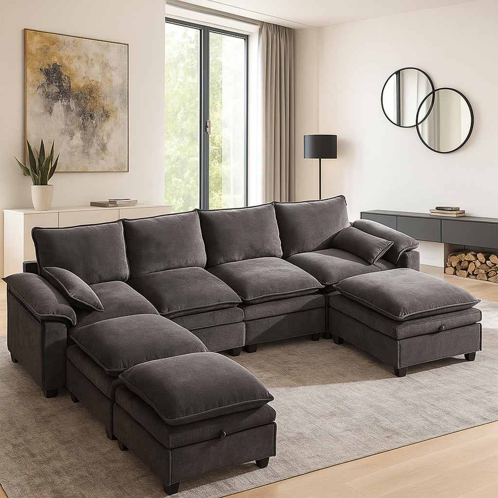 130" Modular Sectional Sofa with Storage, Premium Chenille Cloud Couch with Movable Ottomans, 1200lbs Heavy Duty Deep Seat Sectional, High-Density Foam