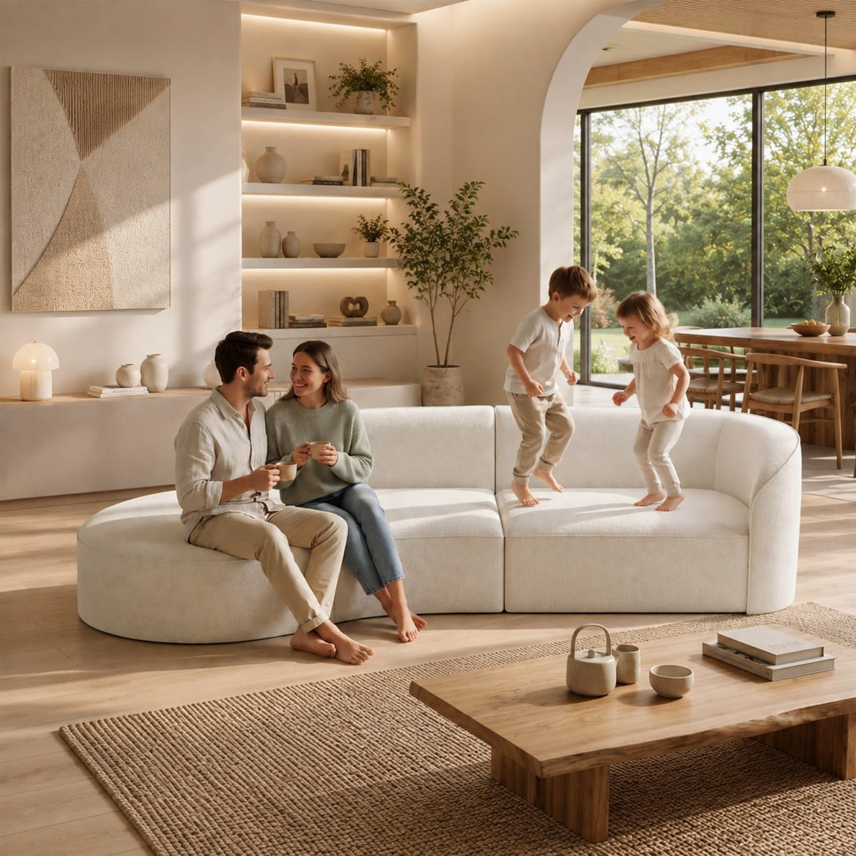 133.8" Oversized Curved Sectional Sofa, Ivory White, Left Chaise