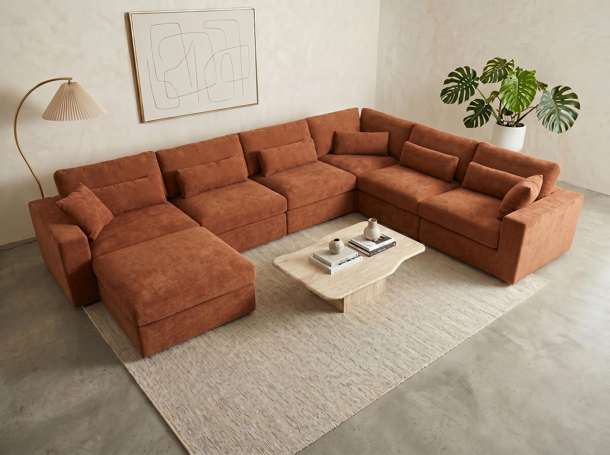 Vipbear 160" Oversized Modular Sectional Sofa, Boneless Couch for Living Room, Modern Comfy 7 Seat V Shaped Cloud Couch Sectional with Ottoman, Lumbar Pillows, 26.8" Extra Deep Seat,Terracotta Orange